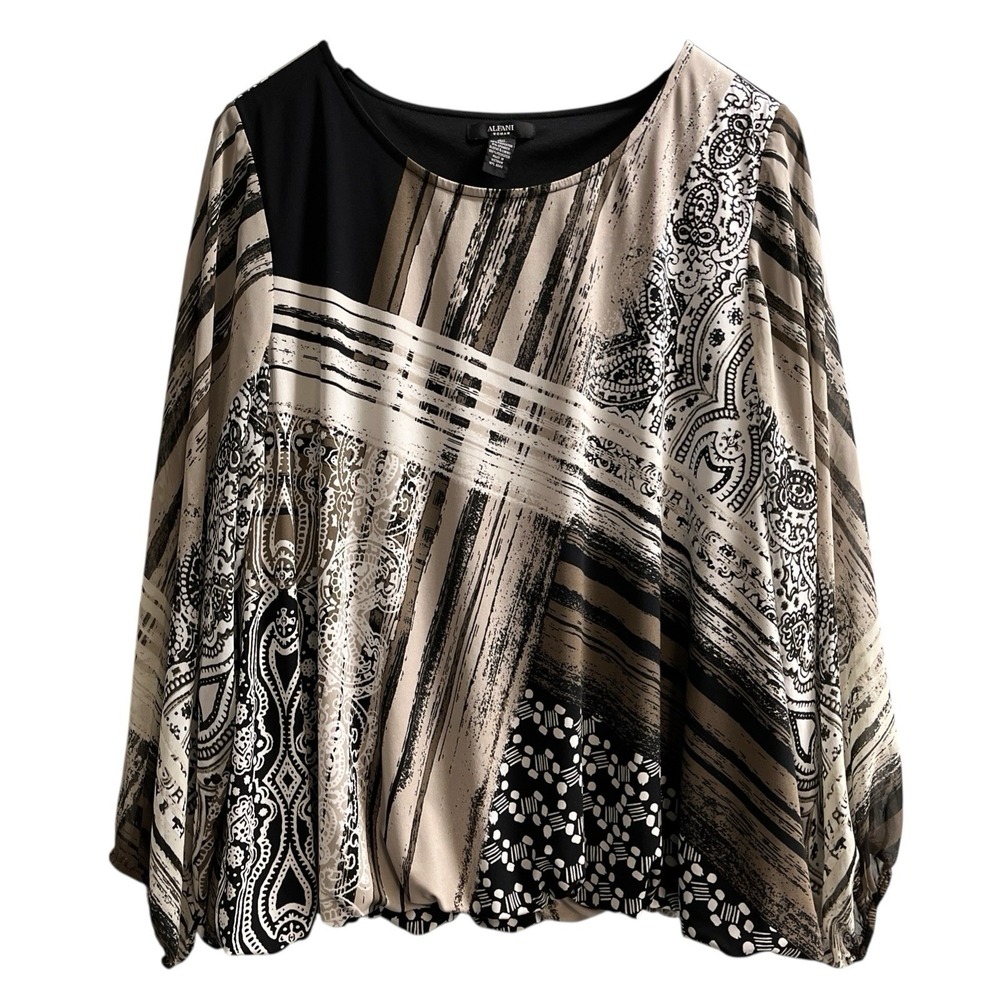 Alfani Top Womens 3X Black Mixed‎ Paisley Chiffon Overlay Sheer Balloon Sleeves